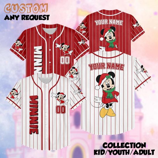 Personalized Minnie Mouse Christmas Baseball Jersey, Custom Disney Holiday Shirt, Minnie Festive Outfit, Matching Disney Family Jersey