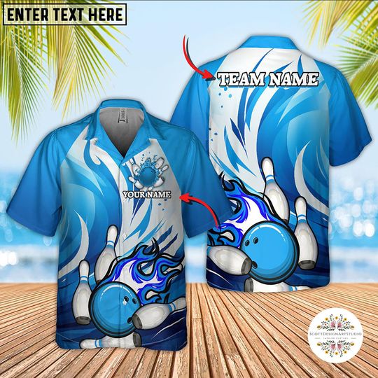 Discover Personalized Bowling Hawaiian Shirt: Animated Fire, Multicolor Pins