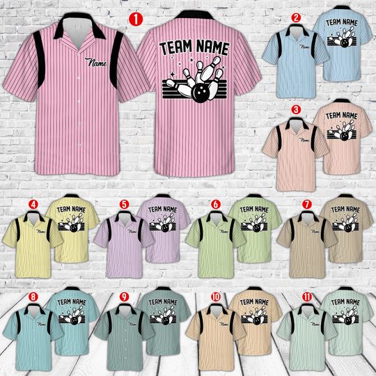 Discover Custom Name Bowling Hawaiian Shirt, Personalized Retro Bowling Button Up Shirt, Striped Bowling Shirt, Bowling Team Shirt, Gift for Bowlers