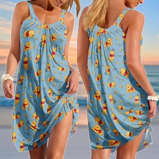 Retro Pooh Sling Summer Dress, Winnie The Pooh Women Dress, Disneyland Family Beach Dress, Pooh Bear With Honey Dress For Vacation