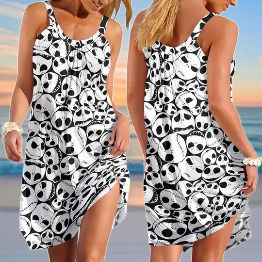 Jack Skellington Sling Summer Dress, Halloween Summer Dress for Women, Nightmare Before Christmas Cami Dress, Spooky Cute Beach Dress