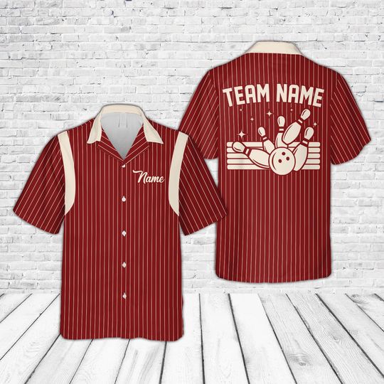 Discover Custom Name Retro Stripe Bowling Hawaiian Shirt, Bowling Team Button Up Shirt, Personalized Bowling Squad, Bowling Lover Gift