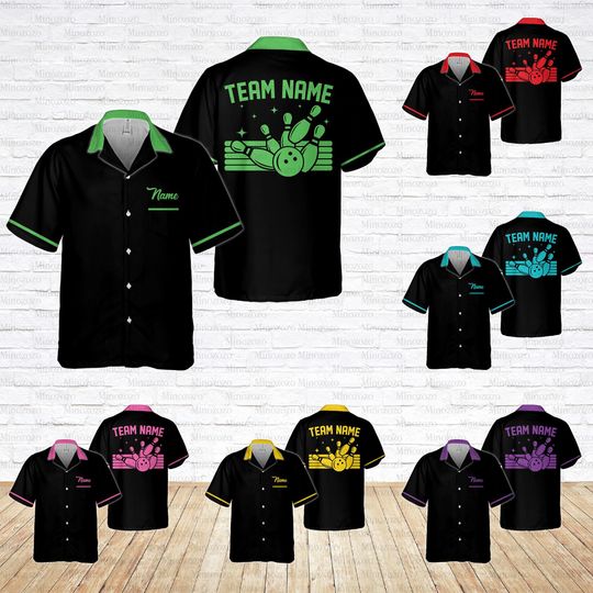 Discover Custom Name Retro Bowling Pocket Hawaiian Shirt, Personalized Bowler Button Up Shirt, Matching Bowling Lover Squad, Vintage Bowling Shirt
