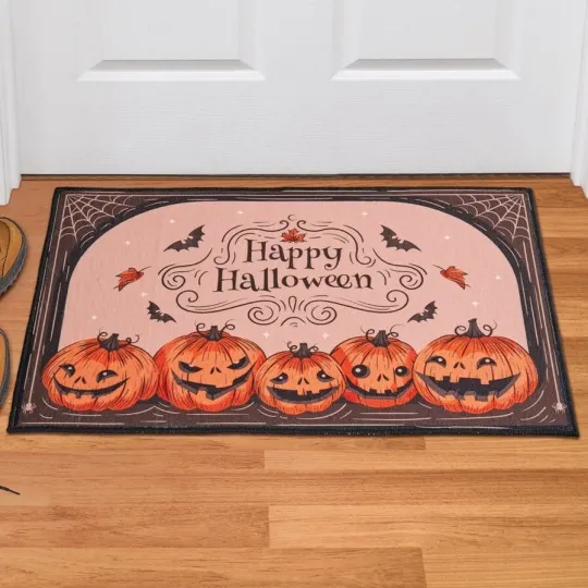 Discover Happy Halloween Pumpkins and Bats Polyester Doormat