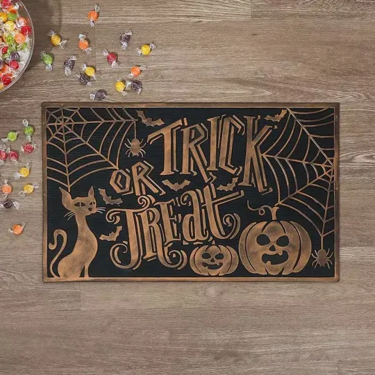 Discover Halloween Doormat with Spider Webs, Pumpkins, Cat, and Bats