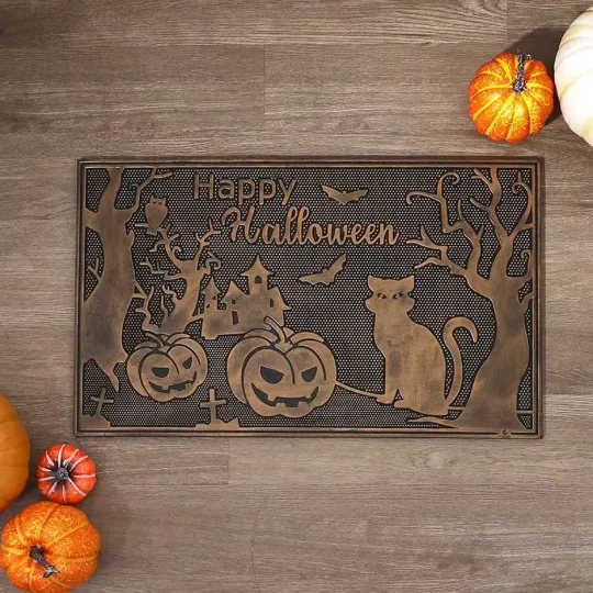 Discover Happy Halloween Doormat with Haunted House Scene