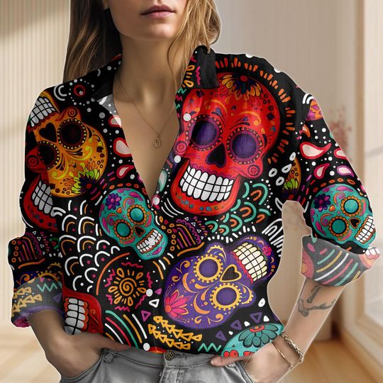 Discover Sugar Skull Linen-Look Shirt, Colorful Skeleton Blouse Shirt, Retro Halloween Shirt For Women, Da de los Muertos Casual Shirt