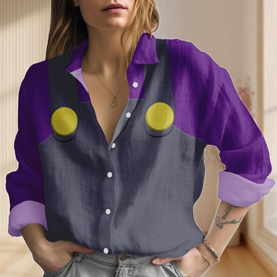 Waluigi Cosplay Hawaiian Shirt, Super Mario Women Shirt, Video Gamer Halloween Hawaiian Shirt, Cartoon Party Shirt