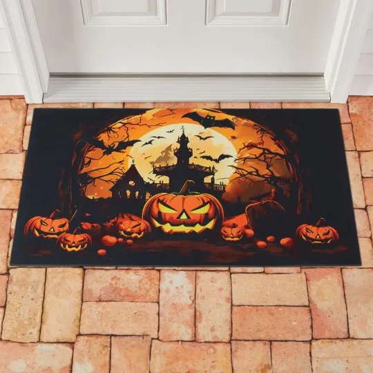 Discover Halloween Jack o' Lantern Doormat with Haunted House Design