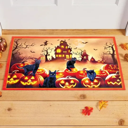 Discover Fright Night Black Cats & Jack-O'-Lanterns Haunted House Doormat