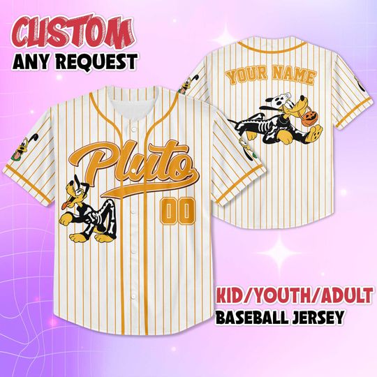 Personalized Pluto Skeleton Baseball Jersey, Custom Disney Pluto Halloween Shirt, Disney Baseball Team Outfit, Birthday Gift