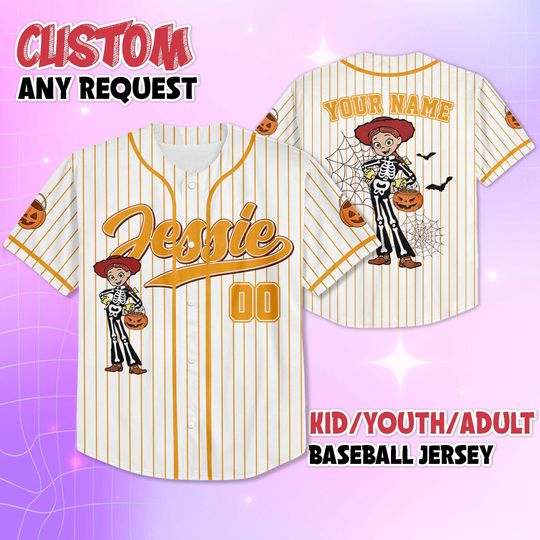 Discover Personalized Jessie Skeleton Baseball Jersey, Custom Disney Toy Story Halloween Shirt, Toy Story Baseball Team Outfit, Birthday Gift