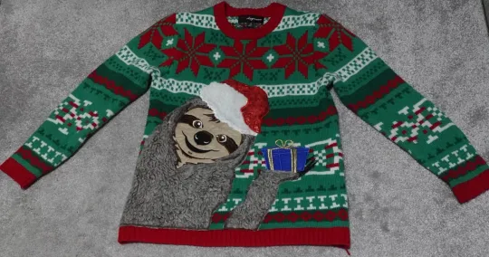 33 Degrees Santa Sloth Ugly Christmas Sweater Women's Medium Green Red
