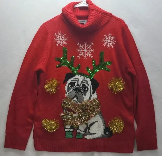 Discover Absolutely Famous Pug Ugly Christmas Sweater Large Festive Party Sparkly