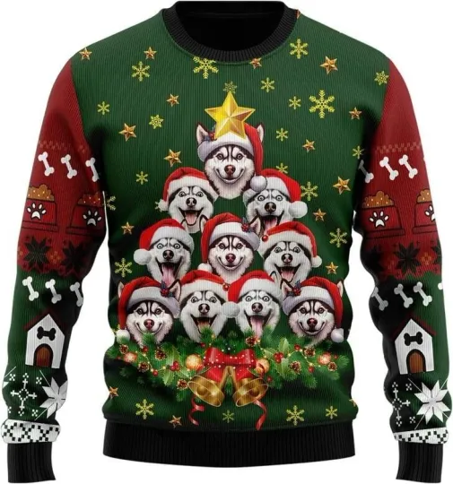 Husky Dog Ugly Christmas Sweater, Love Cute Husky Dog Ugly Xmas Sweater