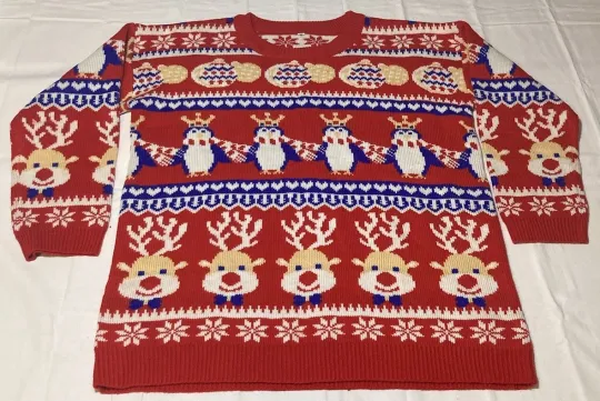 V28 Blue & Red Holiday Penguin Rudolph Reindeer Ugly Christmas Sweater XL