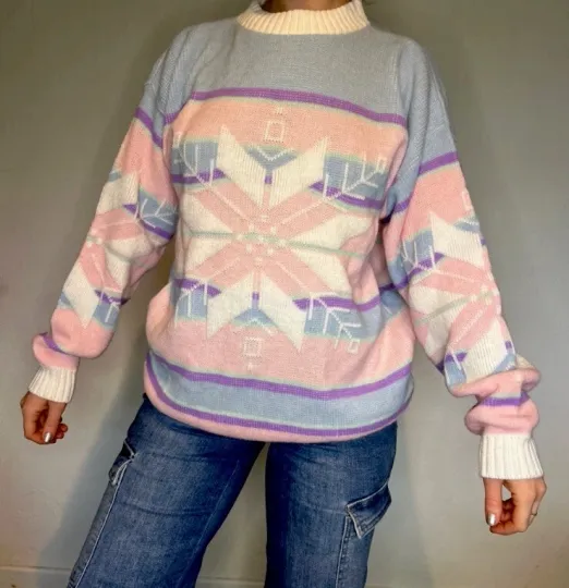 Discover Ugly Christmas Sweater Vtg 90's Pastel Warm Winter Womens Crew Neck Size L
