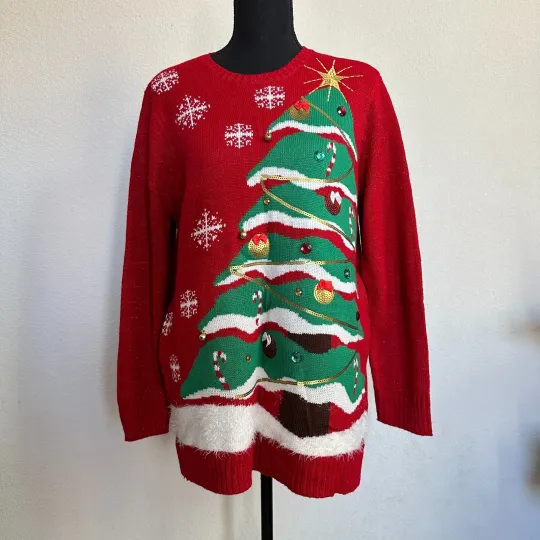 Holiday Time Sweater Women 1X Plus Ugly Christmas Tree Sequin Knit Red Pullover