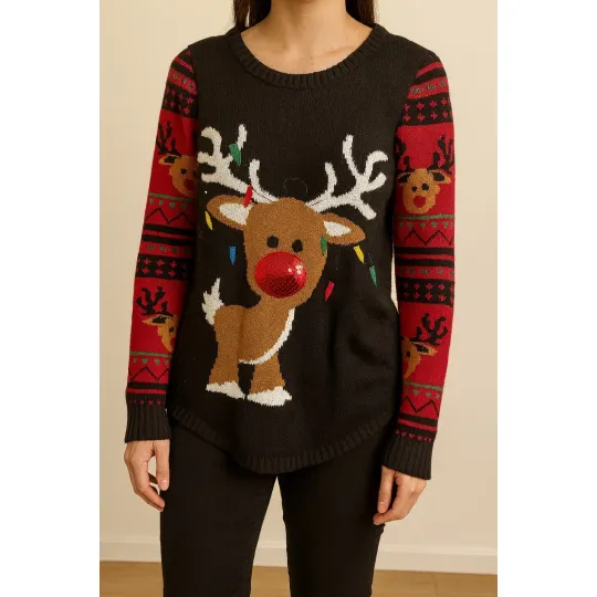 Discover No Boundaries Christmas Sweater Reindeer Sequin Ugly Holiday Party Medium