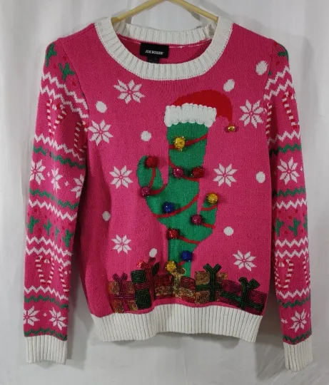 Discover JOE BOXER PINK UGLY CHRISTMAS SWEATER CACTUS SEQUINS JUNIORS SIZE SMALL
