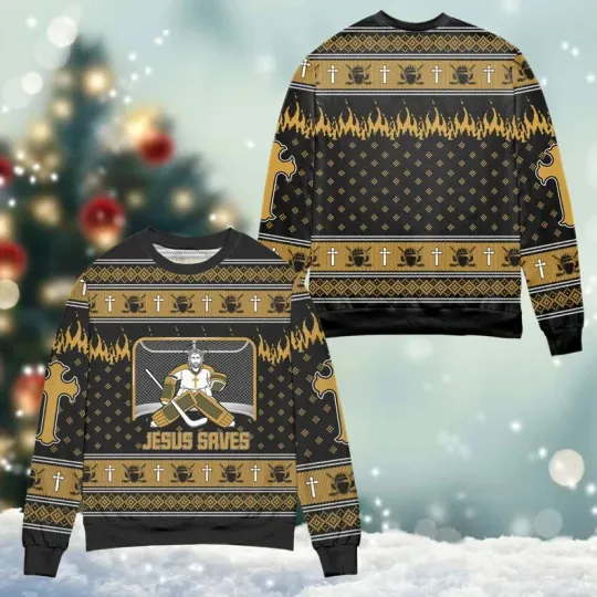 Jesus Saves Hockey Man Christmas Ugly Sweater, Canada Hockey Sweatshirt Gift