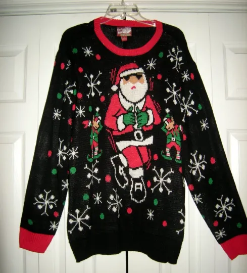 Discover Women's Party Ugly Christmas Sweater, Santa & Elves, Large, Black