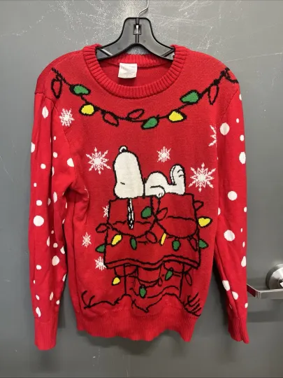Discover Women’s Red Peanuts Snoopy Holiday Theme Knit Ugly Christmas Sweater Size Small