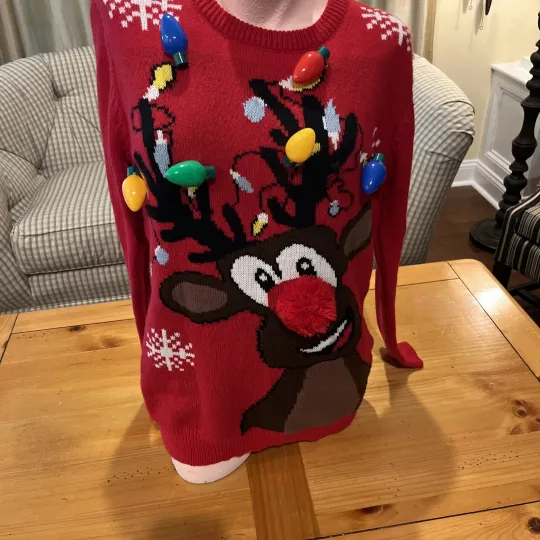 Ugly Light Up Christmas Sweater Red Sz Large Rudolph The Red Nose Reindeer