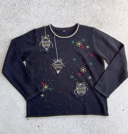 Discover Christmas Tree Ornaments Black Pullover Ugly Christmas Sweater Size Large