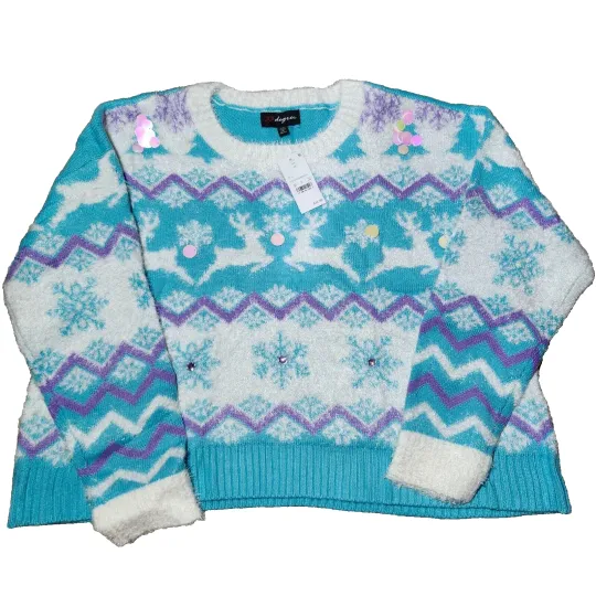 Discover 33 Degrees Jumper Knit Ugly Christmas Sweater Size 2X Blue Purple White Reindeer