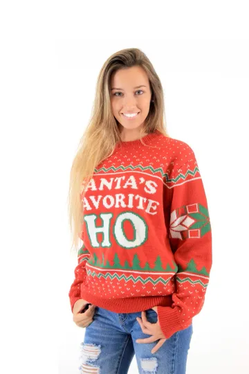 Discover Adult Women's Santa's Favorite HO Text Red Ugly Christmas Xmas Party Sweater