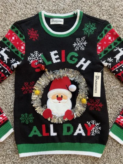 Discover No Boundaries Womens Santa Sleigh All Day Ugly Christmas Holiday Sweater S (4-6)