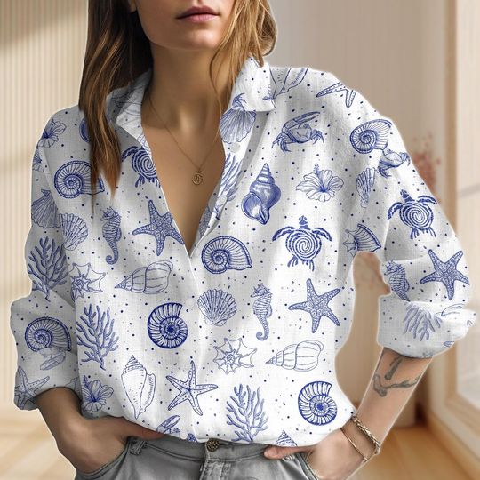 Seashell Collector Hawaiian Shirt, Seahorse Casual Shirt, Sea Life Hawaiian Shirt, Ocean Nature Button Shirt, Summer Beach Gift