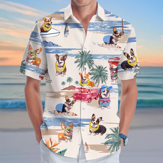 Discover Corgi Button Shirt, Corgi Dog Hawaiian Shirt, Funny Aloha Women Men Shirt, Cute Dog Vacation Shirt For Family Trip, Summer Clothes