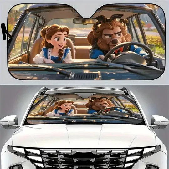 Disney Beauty and The Beast Car Sunshade with Belle & Beast Design - Foldable An
