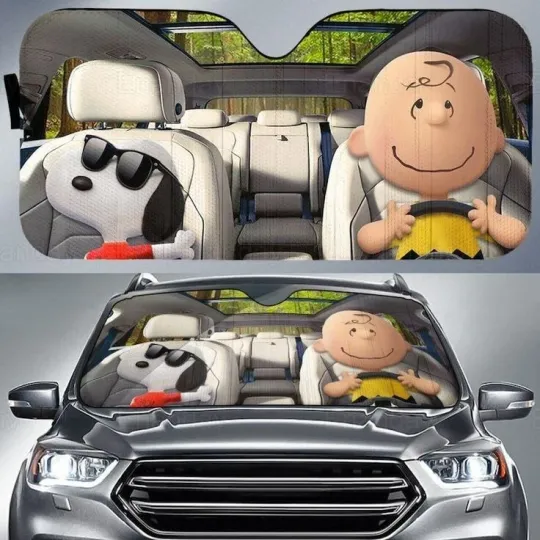 Discover Snoopy and Charlie Brown Car Sunshade – Funny Peanuts Windshield Cover