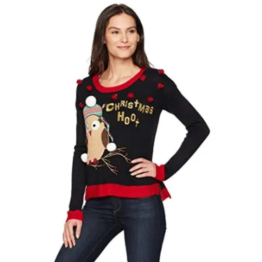 Discover Blizzard Bay Womens Christmas Hoot Pullover Black, Size Large