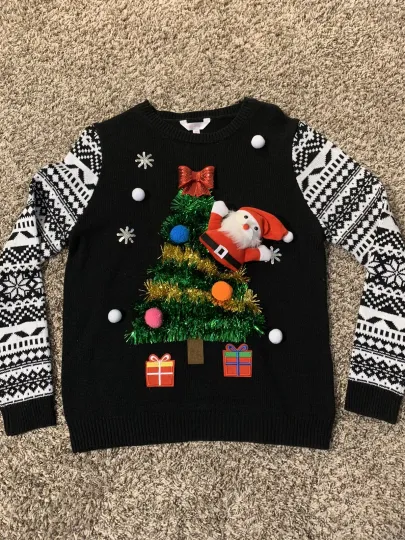 Discover No Boundries Womens Santa Plush Tinsel Tree Ugly Christmas Sweater XL(15-17)