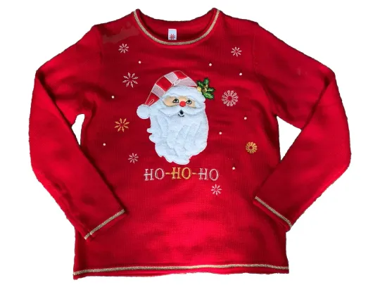 Ugly Christmas Sweater Women M 8-10 Red Fluffy Santa HOHOHO Beaded Pullover