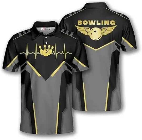Black And Gold Bowling Shirt, Short Sleeve Polo With Bowling Shirt