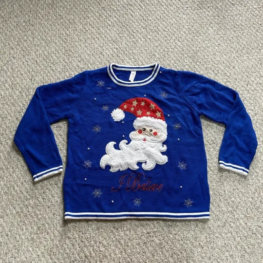 Discover Santa I Believe Ugly Christmas Sweater Womens Large 12/14 Blue Holiday Winter
