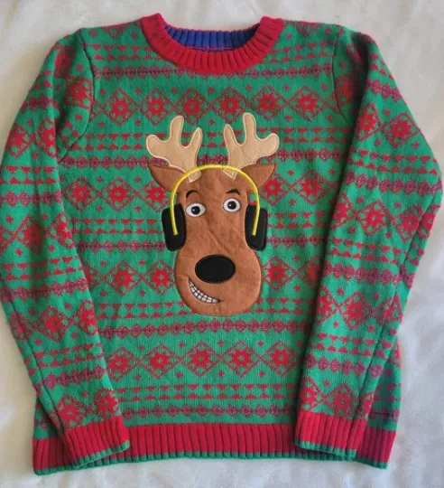 Discover Blizzard Bay Ugly Christmas Sweater Reindeer Wearing Headphones Womens Large