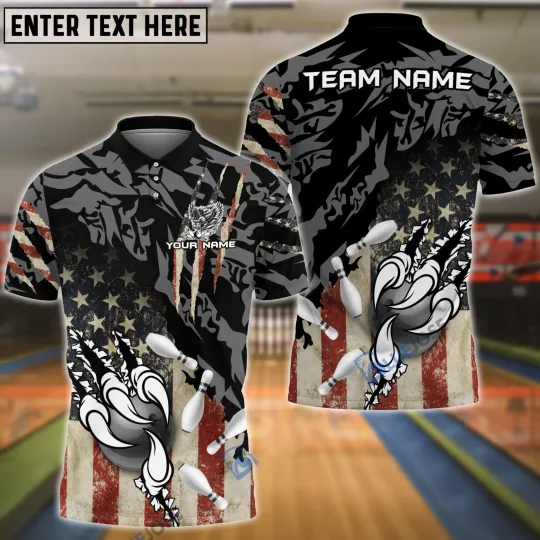 Bowling And Pins American Eagle Claws Customized Name 3d Polo Shirt