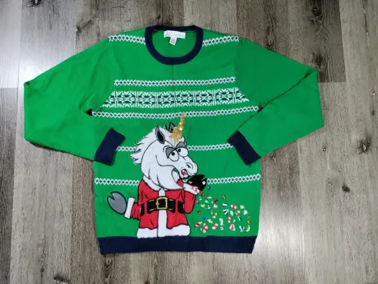 Jolly Ugly Christmas Sweater Large Unicorn Crewneck Women’s Green Top