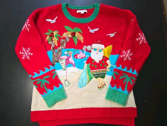Womens Ugly Christmas Sweater Tropical Santa Size Large Celebrate Together
