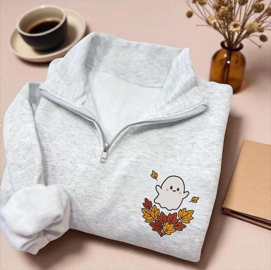 Discover Ghost Embroidered Quarter Zip Sweatshirt, Cute Autumn Leaves Pullover, Spooky Season Halloween Sweater, Cozy Embroidery Zip Up