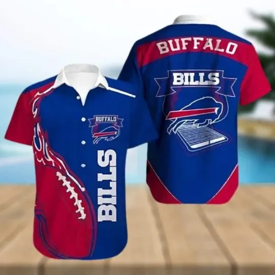 Buffalo Hawaiian Shirt Red Blue Fire Rugby , Gift for Fan