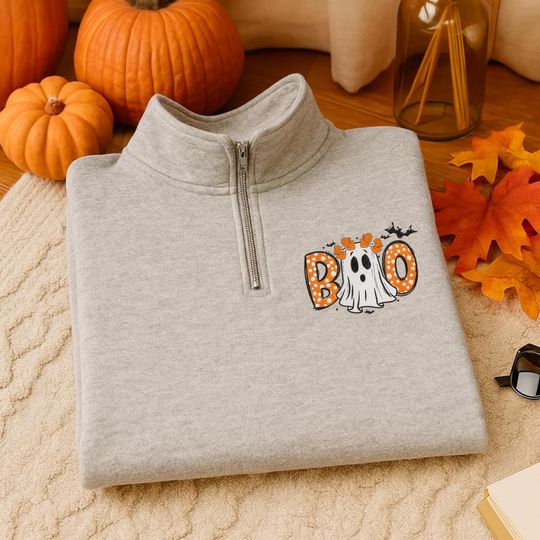Discover Halloween BOO Embroidered Quarter Zip Sweatshirt, Cute Ghost Sweatshirt, Fall Spooky Season Zip Up, Cozy Embroidered Top, Halloween Sweater