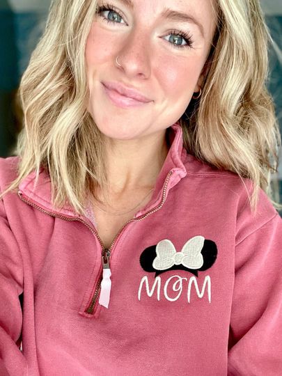 Discover Disney Mom sweatshirt, Minnie Mouse Monogram Disney Quarter Zip Pull Over Comfort Colors Sweatshirt with Ribbon, Disney Mom Mickey Mouse
