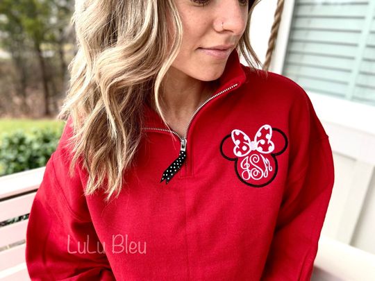 Minnie Mouse Monogram Disney Sweatshirt Women’s Quarter Zip Polka Dot Minnie Bow Unisex Ears